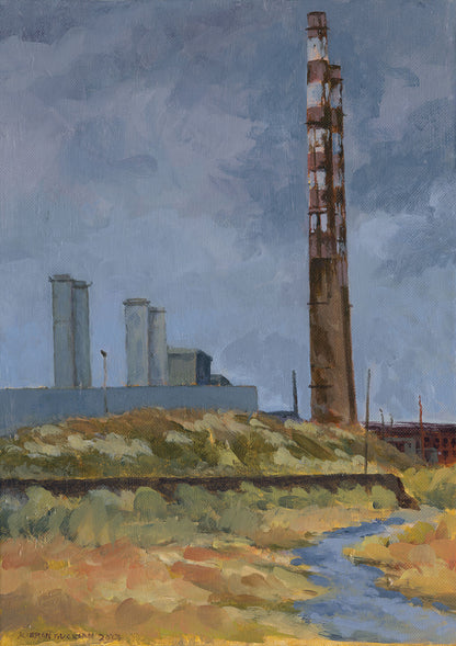 Print of the Poolbeg Chimneys belonging to the old power station in Dublin on a grey day on the south great wall.