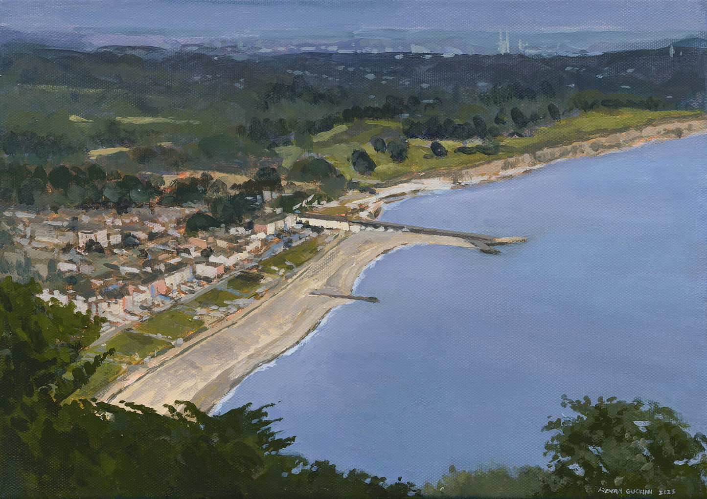 Print of the view from near the summit of Bray head looking down on the town and beach.