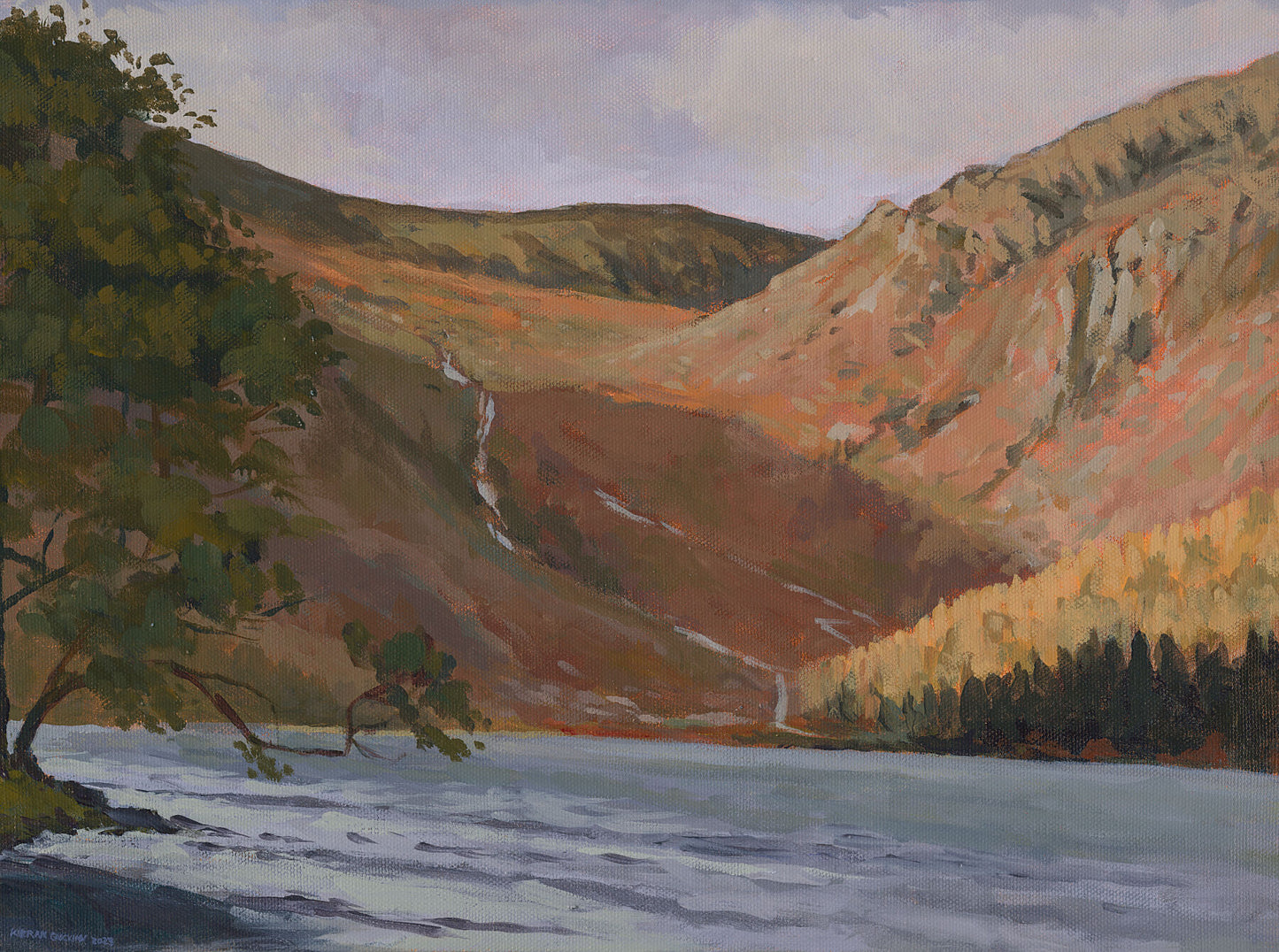 Print of the view across the upper lake at Glendalough towards the distant shoreline. The Glenealo valley is seen distantly.