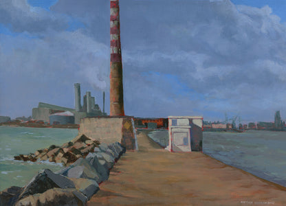 Limited edition print is of a view of the Poolbeg Chimneys belonging to the old power station in Dublin on a grey day.