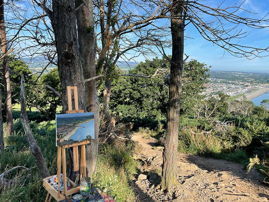 Painting in progress on an easel on location on Bray Head