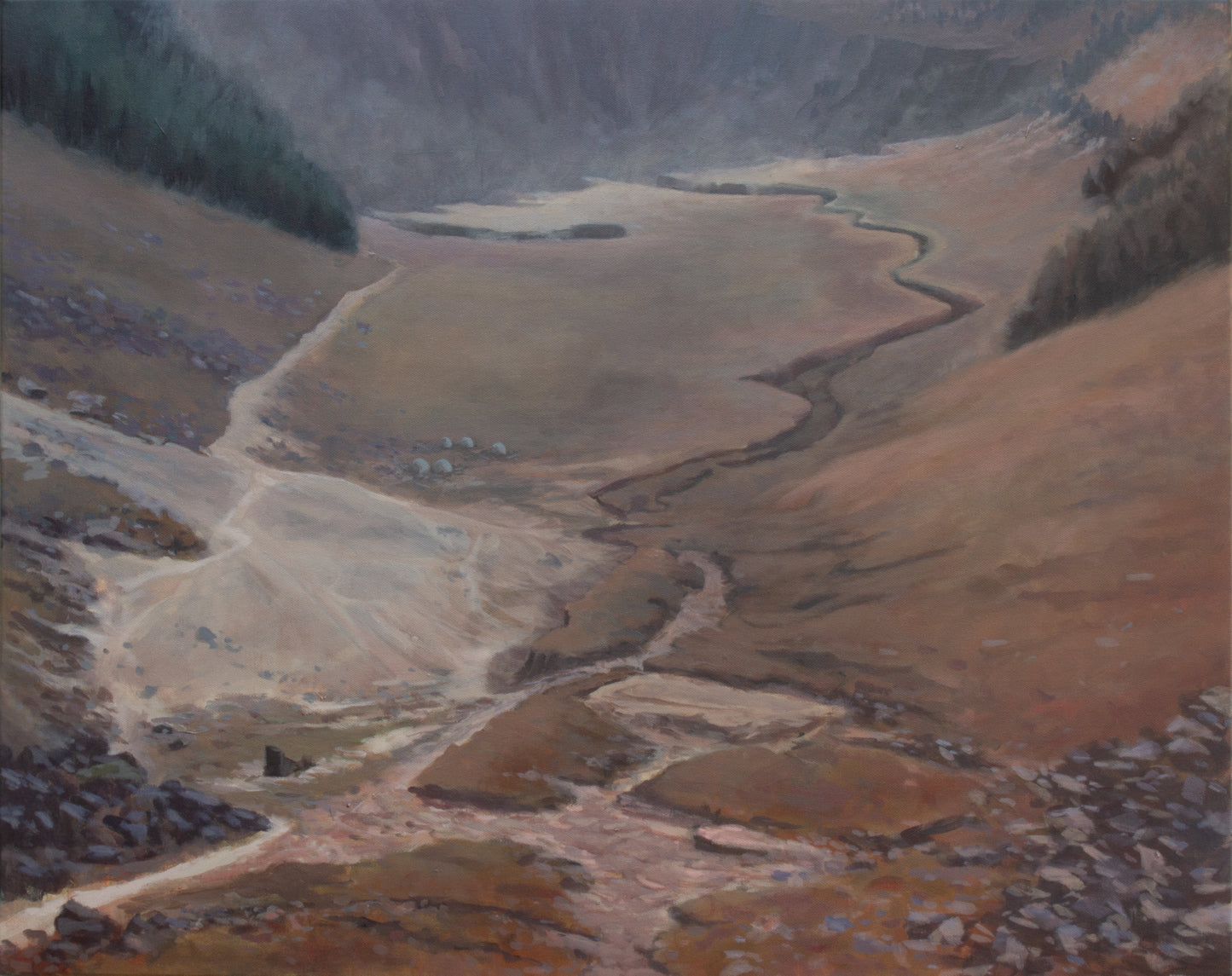 Painting of a view looking down the Glenealo valley with a dried up river bed running though the landscape.