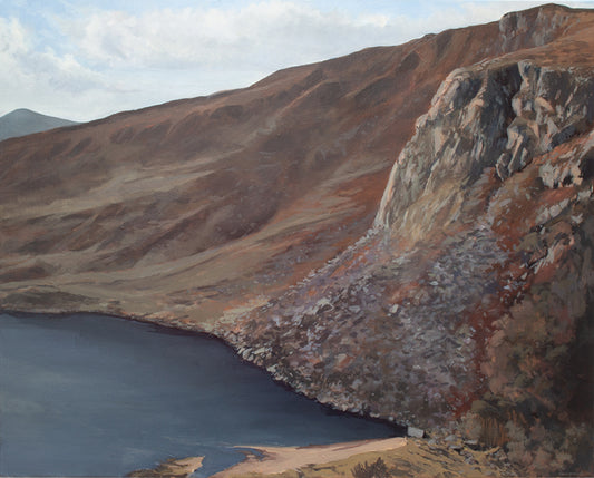 Painting of the view looking down on Lough Tay from above with the cliffs of Luggala rising up from the lake shore.