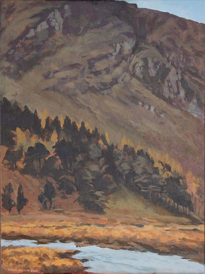 Painting of the road to the miners village in Glendalough, a high valley wall with the river rising through treelines to the rocks and cliff face.