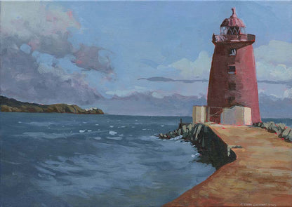 Painting of the Poolbeg lighthouse on the great south wall in Dublin, its afternoon with windy conditions as show with clouds and the sea.