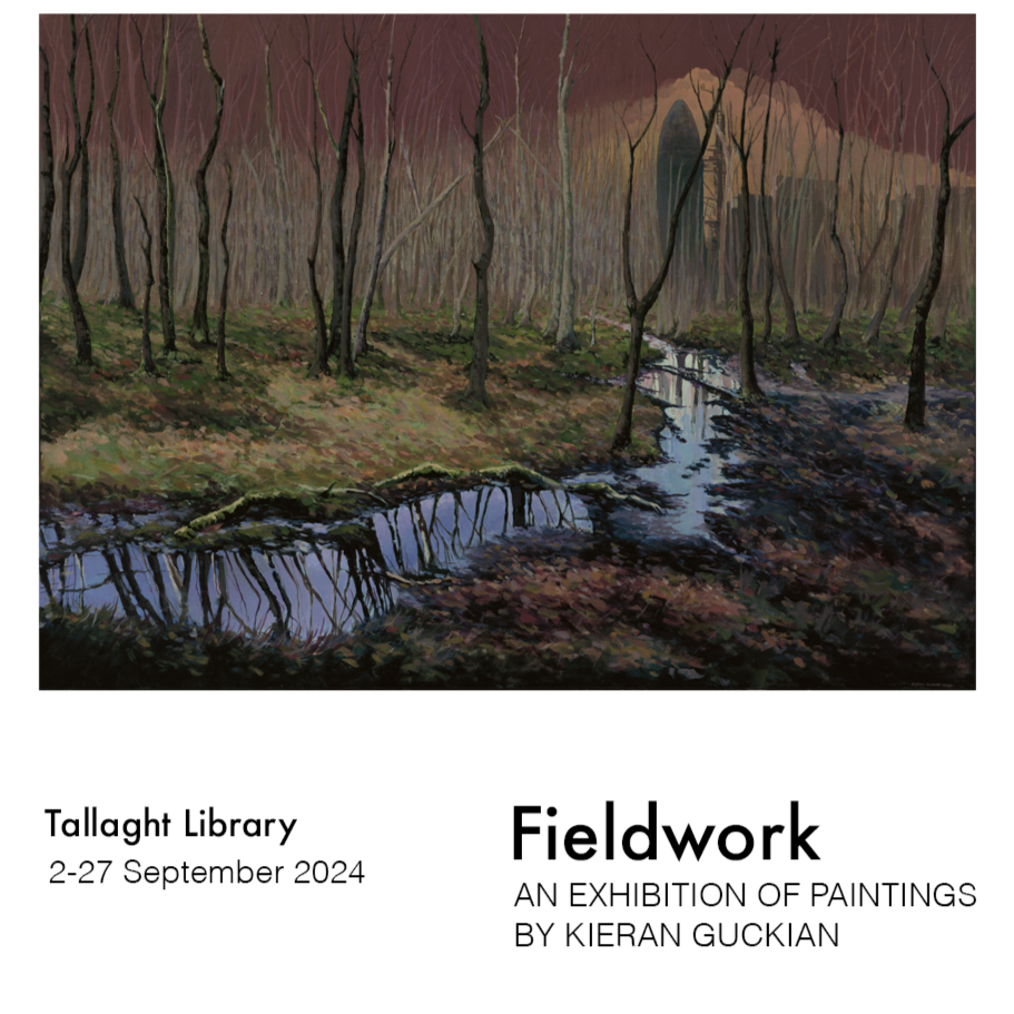 Poster for the exhibition Fieldwork at Tallaght Library - running from 2nd September to the 27th September, painting shown on poster is "Depot number one" a landscape inspired by the birch woods in Glendalough with a mysterious building and space depot in the misty background.