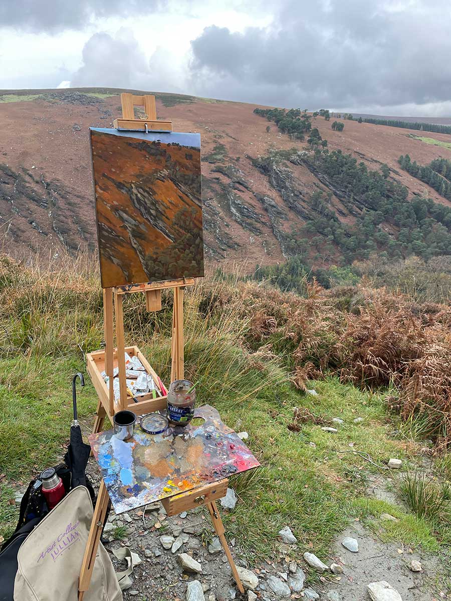 Painting in progress on the easel on location on the Spinc Glendalough